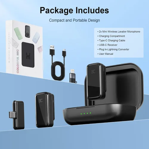 Miniatura 8 de EX Sistema de micrófono inalámbrico Lavalier, micrófonos de doble clip + funda de carga, rango de 164 pies Plug-and-Play para iPhone/Android