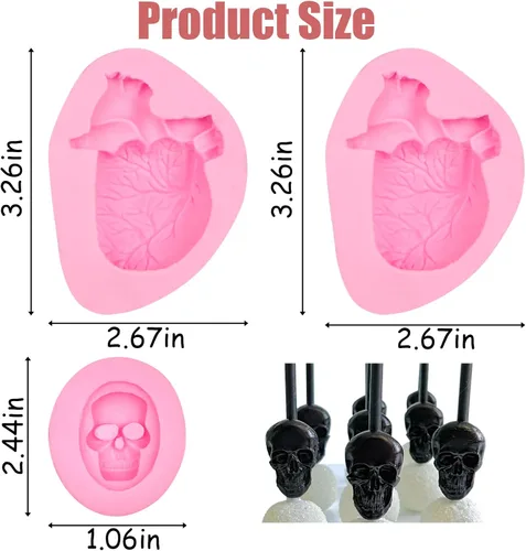Miniatura 3 de Moldes de fondant de chocolate con corazón humano, 3 piezas, molde de silicona en forma de corazón humano 3D con cabeza de calavera para Halloween