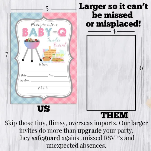Miniatura 8 de Baby-Q BBQ Gender Reveal Invitaciones – 20 tarjetas temáticas de parrilla y picnic de 5 x 7 pulgadas con sobres, invitaciones de baby shower