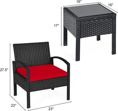 Miniatura 5 de HAPPYGRILL Juego de 3 piezas de conversación para patio, juego de mimbre de ratán al aire libre con mesa de centro para jardín, balcón y patio Rojo