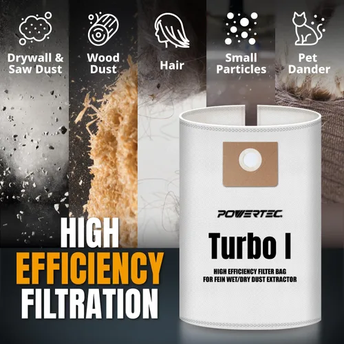 Miniatura 5 de POWERTEC Turbo I, 9-20-27 Bolsas de filtro de forro polar, 5 unidades, para Fein Dustex 25 L, extractor de polvo húmedo y seco, para Fein