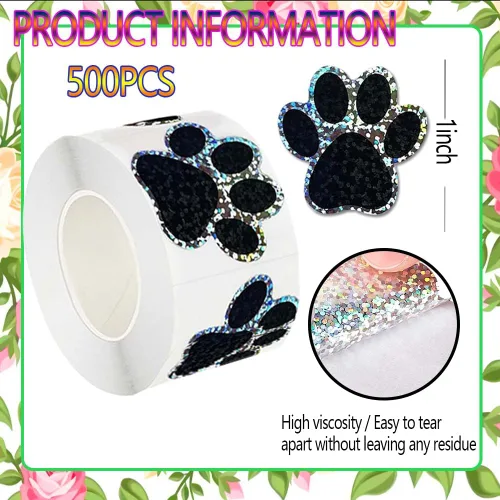 Miniatura 3 de 500 piezas de rollo de calcomanías lindas de patas de perro en glitter, etiquetas adhesivas de huellas de perro negro, etiquetas de vinilo