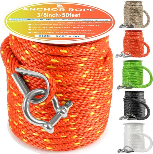 Miniatura 39 de Cuerda de anclaje premium de 100 pies x 3/8 pulgadas, cuerda marina de línea de anclaje MFP trenzada sólida con dedal y grillete, color negro