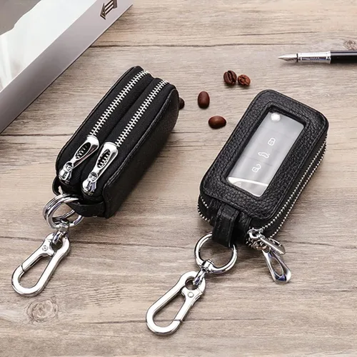 Miniatura 4 de BELOMI Funda para llave de coche, llavero de cuero genuino con cuerda y cierre de cremallera, funda protectora para llaves para hombres y mujeres