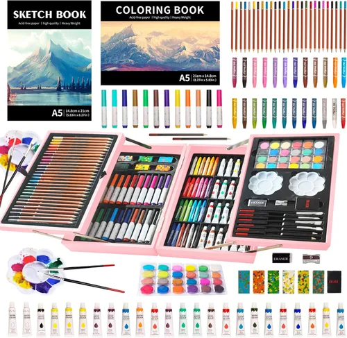 KINSPORY - Juego de utensilios de arte, 139 piezas de pintura y dibujo, kit de suministros de arte con 2 blocs de bocetos, juego de arte de lujo de
