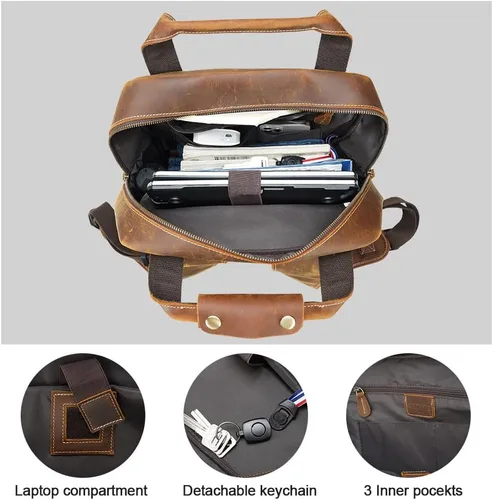 Miniatura 4 de TIDING - Mochila para portátil de cuero de grano completo de 15.6 pulgadas para hombre, mochila grande casual para viaje, estilo vintage, para fin