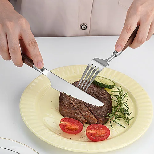 Miniatura 3 de Juego de cubiertos para 4, 16 piezas de cubiertos de acero inoxidable con mango de madera, incluye cuchillo para carne, tenedor y cuchara, juego