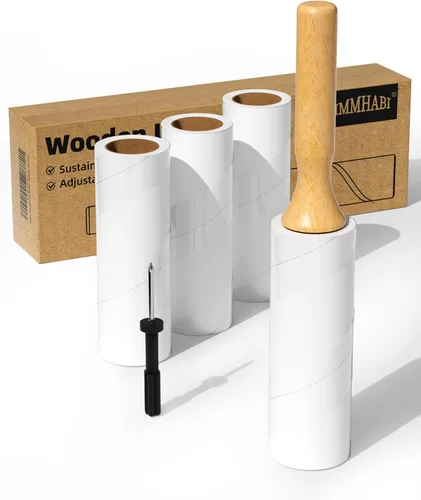 IMMHABI Rodillo de pelusa con mango de madera, repuestos de 6.3 pulgadas, 4 rollos x 100 hojas con herramienta ajustable, removedor de pelo de
