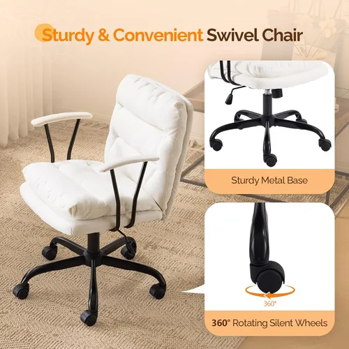 Miniatura 4 de VINGLI Silla de escritorio acolchada blanca con/sin ruedas, base doble, reposabrazos removibles, silla giratoria ajustable y cómoda para Blanco