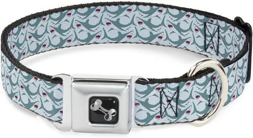Collar de perro hebilla de cinturón de seguridad tiburón 3 filas azul claro 9 a 15 pulgadas 1.0 pulgadas de ancho, multicolor