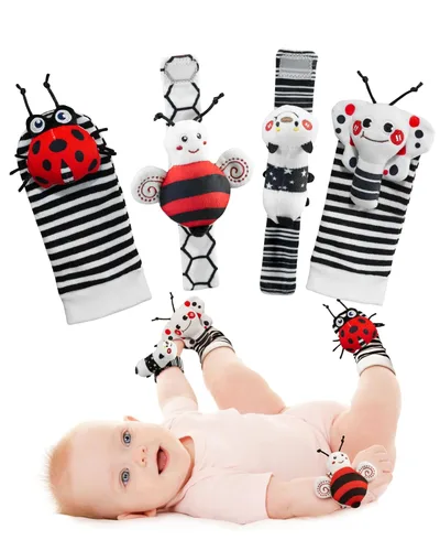 Infinno Juego de calcetines y pulseras de sonajero para bebés de alto contraste, regalo ideal para recién nacidos de 0 a 12 meses, juguetes en