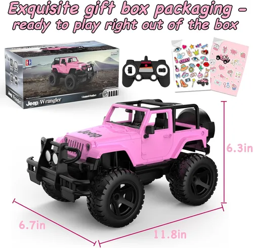 Miniatura 8 de DOUBLE E Jeep con licencia de escala 1:14 en color rosa, coche de control remoto para niñas con pegatinas DIY, diseño de techo abierto, camioneta RC