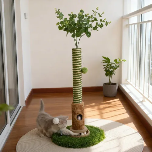 Miniatura 3 de Poste rascador interactivo para gatos de 35 pulgadas de alto con hojas de eucalipto artificiales, árbol para gatos con bolas de madera y cuerda
