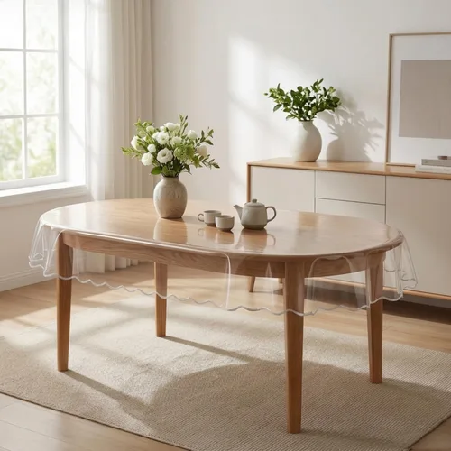 Miniatura 2 de MeritMode Mantel de Vinilo Ovalado Transparente, Mantel Transparente Cubierta Transparente Impermeable Protector de Mesa Ovalado Diseño de Borde