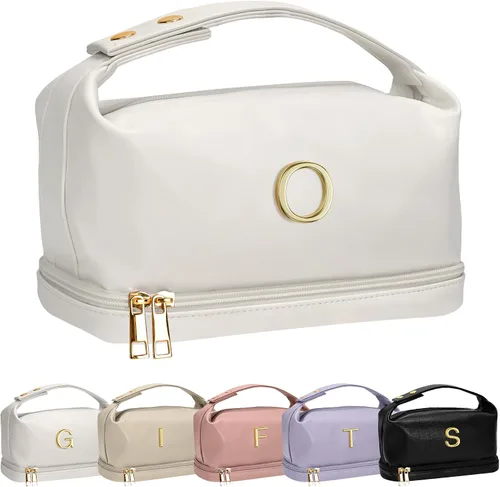 Miniatura 110 de Bolsa de maquillaje con asa, bolsa de cosméticos impermeable de doble capa, bolsas de maquillaje de cuero PU de gran capacidad con letra, bolsa