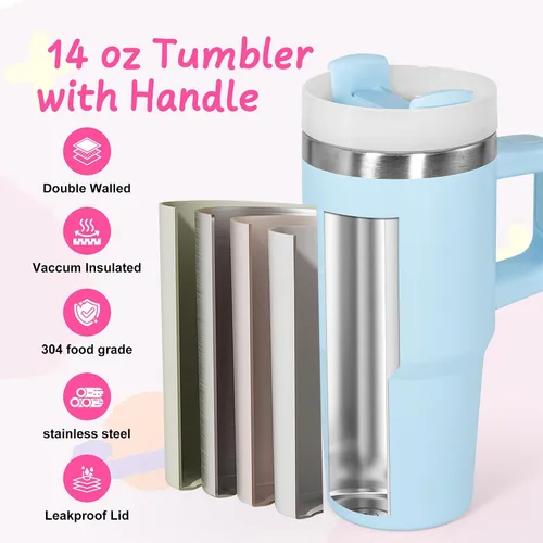 Miniatura 4 de Vaso de 14 onzas con asa de acero inoxidable de doble capa aislante, botella de agua de acero inoxidable reutilizable para niños, regalos para niños