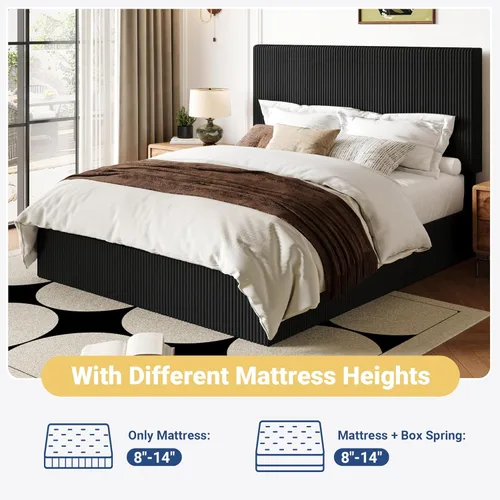 Miniatura 8 de Allewie Base de cama matrimonial, cama tapizada, cabecera capitoné de canal vertical ajustable, tela de pana, perfil bajo moderno, listones