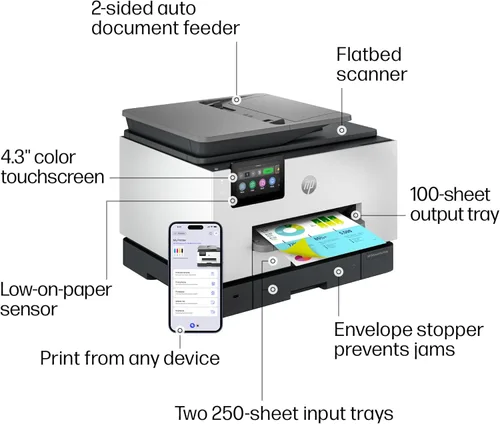 Miniatura 5 de HP OfficeJet Pro 9135e Impresora inalámbrica todo en uno a color por inyección de tinta, imprime, escanea, copia, fax, ADF, impresión a doble cara