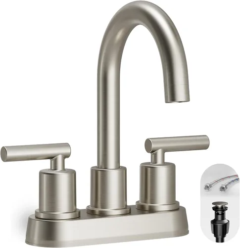VXV Grifo de lavabo de baño de 4 pulgadas, 2 manijas, moderno grifo de agua de níquel cepillado giratorio de 360 grados con tapón de drenaje