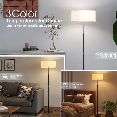 Miniatura 2 de Karjoefar Lámpara de pie de 2 luces, lámpara de pie de mediados de siglo con pantalla de tela blanca, lámpara de pie alta para sala de estar, Negro