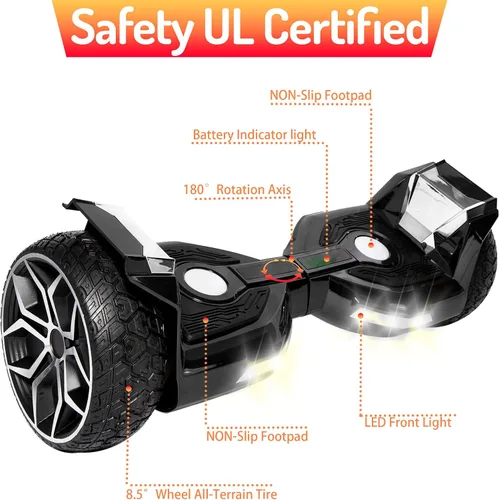 Miniatura 2 de 8.5” All Terrain Hover Board, Off Road Self Balancing Scooter with Bluetooth and LED Lights, UL2272 Safety Certified Negro