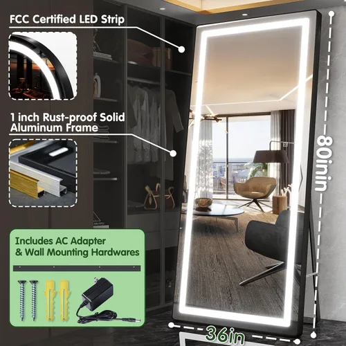 Miniatura 2 de FENNIO Espejo de longitud completa con luces, espejo LED de cuerpo completo de 80 x 36 pulgadas, espejo colgante de pared con luces para dormitorio