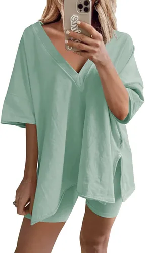 UANEO Conjunto de 2 piezas para mujer, conjunto reversible de verano de gran tamaño, pantalones cortos de motociclista y top