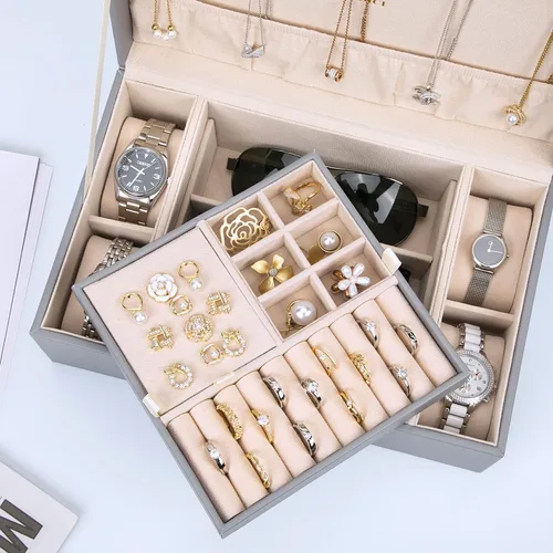 Miniatura 3 de LANDICI Joyero organizador para mujeres y niñas, estuche grande de 2 capas para hombres con bandeja extraíble, soporte de almacenamiento de joyas