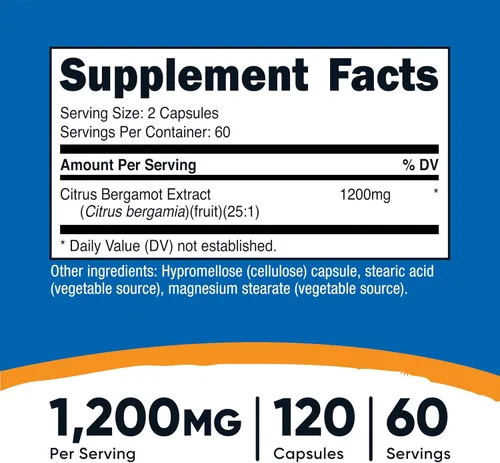 Miniatura 2 de Nutricost Cápsulas de bergamota cítrica de 1,200 mg, 120 cápsulas - Extracto de bergamota 25:1 - 60 porciones, sin gluten, vegano y sin OMG