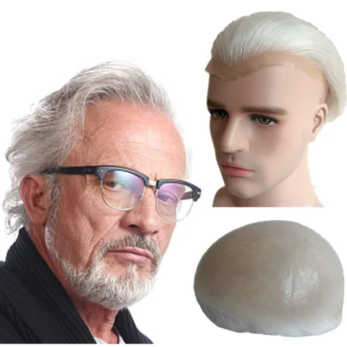 Miniatura 13 de 1B20 unidades de cabello gris Toupee para hombres piezas para hombre NLW sistema de reemplazo de heredero humano europeo para hombres 10x8 "toupee