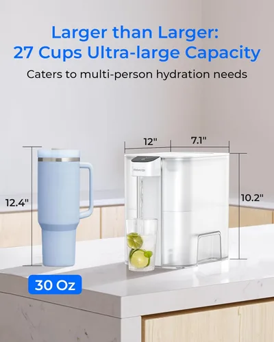 Miniatura 3 de Waterdrop Gran dispensador de filtro de agua eléctrico de 27 tazas, sistema instantáneo recargable de 200 galones, certificado NSF/ANSI Blanco