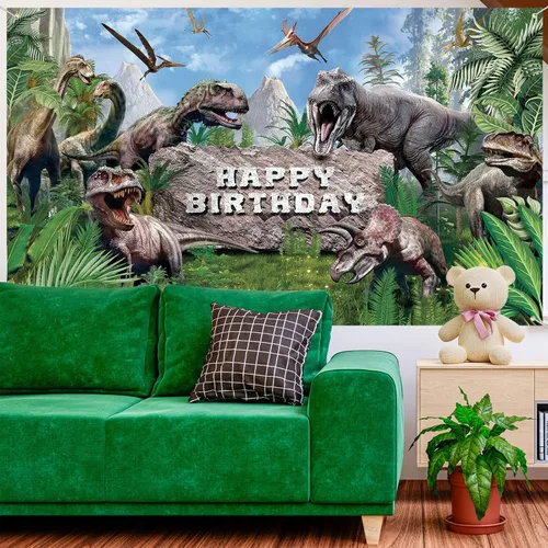 Miniatura 7 de Tatuo Telón de fondo de dinosaurio para cumpleaños, 72.8 x 43.3 pulgadas, fondo de fotografía de dinosaurio, decoración de fiesta de selva