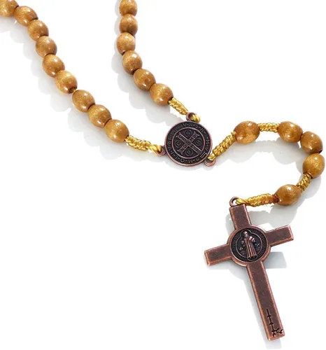 Miniatura 5 de KOMI Rosarios católicos de madera hechos a mano, collar de cuentas de rosario de madera de Belén, medalla de suelo santo y cruz de metal para regalo