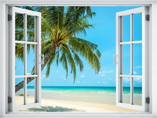 Miniatura 2 de wall26 Adhesivo removible de pared/mural de pared, vista de ventana, playa tropical, palmera, isla, paraíso, naturaleza, desierto, fotografía