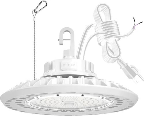 Miniatura 12 de Luz LED UFO High Bay 150W, 22,500LM 5000K luces LED, cable de 5 pies con enchufe de EE. UU., gancho para colgar, cuerda segura, certificación ETL