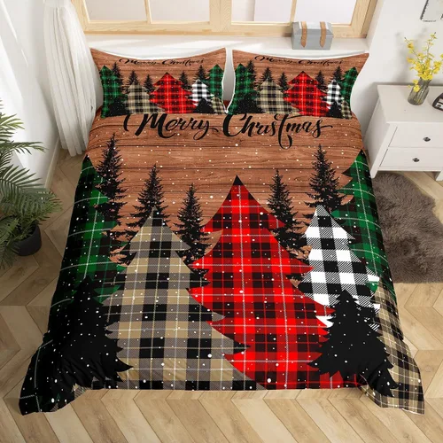 Miniatura 8 de Juego de funda de edredón para niños con diseño de Navidad, tamaño individual, camiones rojos y árboles de pino con copos de nieve, decoración