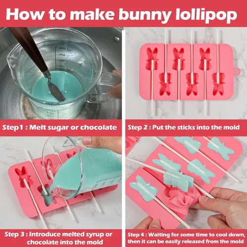 Miniatura 3 de Webake Moldes de piruleta de conejo para dulces de chocolate, 6 agujeros de silicona de conejo con palitos de piruleta, bonitos moldes de Pascua