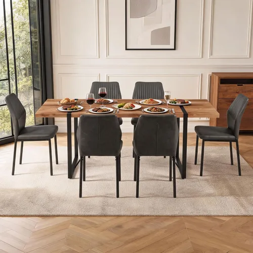 Miniatura 23 de Juego de 4 sillas de comedor de piel sintética marrón, cómodas sillas de cocina tapizadas sin brazos con patas de metal negro para sala de estar