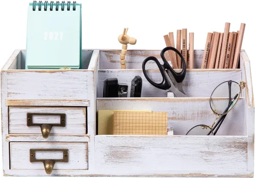 Miniatura 4 de Organizador de escritorio de oficina de madera rústica envejecida, estante organizador de mesa para el hogar con múltiples compartimentos, cajones