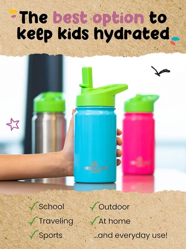 Miniatura 5 de Botella de agua para niños, 12 onzas, color azul, a prueba de fugas con popote y asa, 24 horas de frío, acero inoxidable de doble pared aislada
