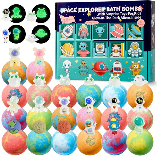 Paquete de 20 bombas de baño Galaxy para niños con juguetes Space Explorer, bombas de baño para niños Cosmic Adventure con astronautas, cohetes,