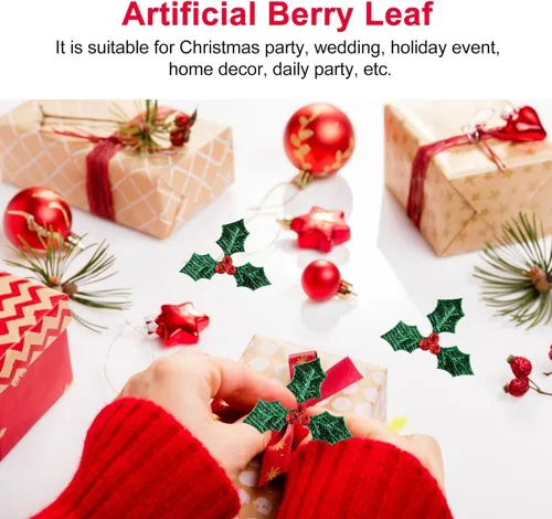 Miniatura 2 de EXCEART 100 piezas de bayas de acebo artificiales con hojas verdes de Navidad, ramas de baya de acebo, accesorios de decoración para bricolaje