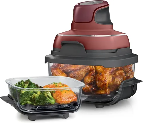 Criispi - Freidora de aire portátil de vidrio 3 en 1, 1500 W, con recipientes de borosilicato no tóxico de 4 cuartos y 5 tazas, funciones máximas de