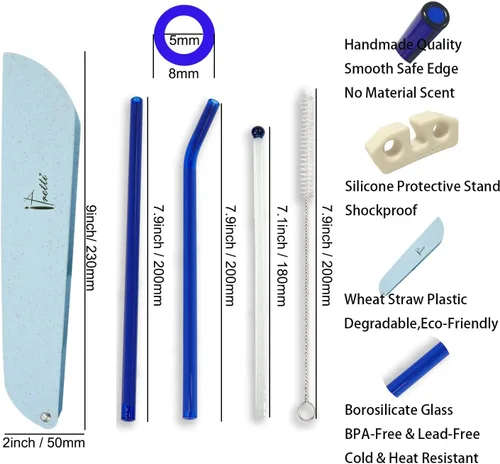 Miniatura 3 de Pajitas de vidrio reutilizables con estuche de viaje, tamaño 0.315 x 0.315 in, pajitas de vidrio de grado alimenticio para batidos, bebidas, Azul