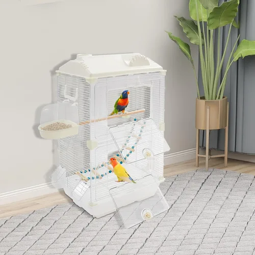 Miniatura 6 de Jaula para pájaros de hierro forjado de 2 puertas con techo y asas, jaula de loro de 28 pulgadas de alto, jaula de vuelo para pájaros y mascotas