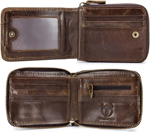 Miniatura 7 de BULLCAPTAIN Billetera de cuero para hombre con cremallera y bloqueo RFID, monedero (marrón oscuro)
