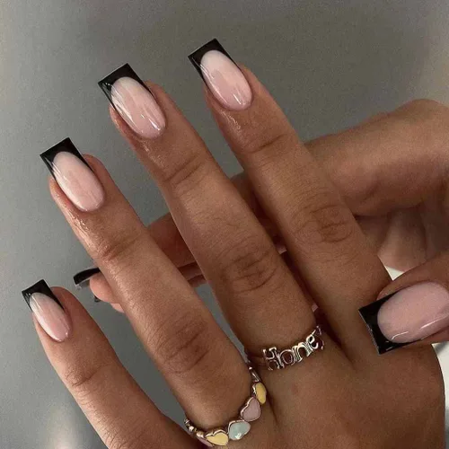 RikView uñas postizas de punta francesa de longitud media, uñas negras adhesivas, uñas cuadradas naturales para mujeres