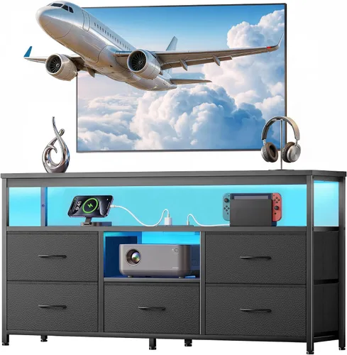 Miniatura 9 de Soporte de TV con luces LED y estación de carga, soporte de TV de 55 pulgadas para dormitorio, almacenamiento de cajones de tela, centro