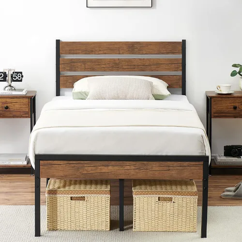 Amyove Base de cama de tamaño individual con cabecera de madera rústica vintage, soporte de listones de metal, base de colchón, no necesita somier,