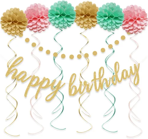Decoraciones de feliz cumpleaños rosa y dorado – Cartel dorado de feliz cumpleaños, flores con pompones, guirnalda de puntos circulares brillantes y